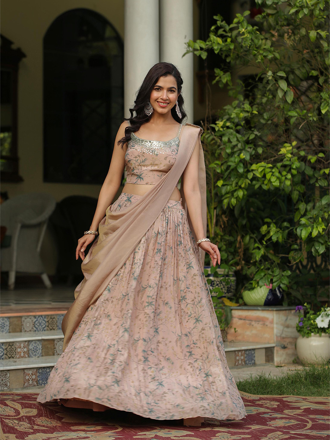 

SCAKHI Floral Printed Sequinned Kalamkari Ready to Wear Lehenga & Blouse With Dupatta, Taupe