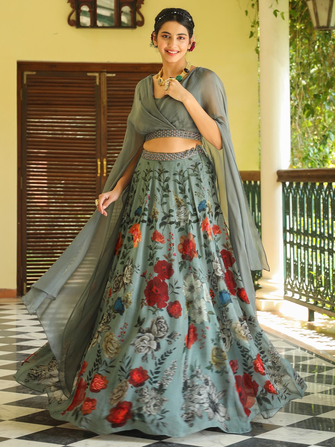 

SCAKHI Floral Printed Beads and Stones Ready to Wear Lehenga & Choli Set, Teal