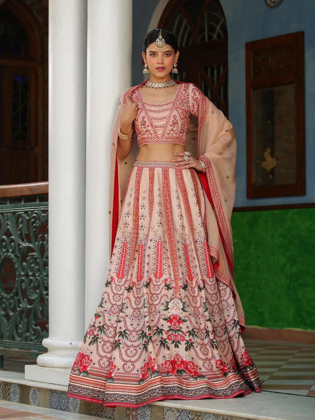 

SCAKHI Embroidered Thread Work Ready to Wear Lehenga & Blouse With Dupatta, Cream