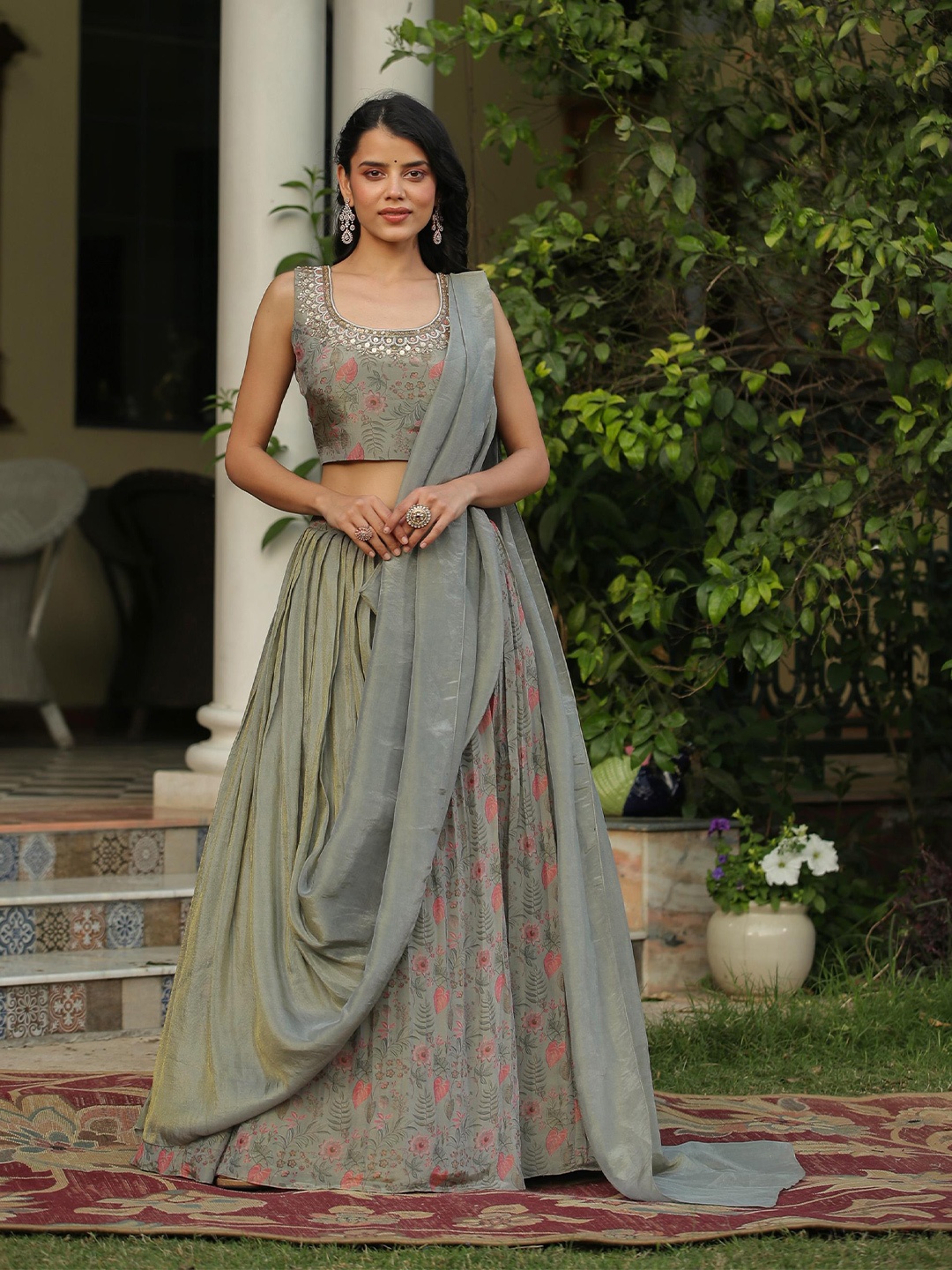 

SCAKHI Floral Printed Beads & Stones Kalamkari Ready to Wear Lehenga & Blouse With Dupatta, Green
