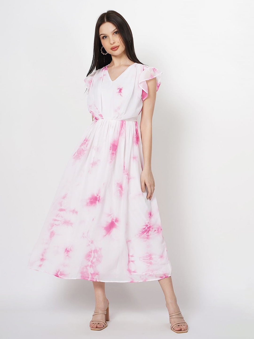 

Taggd Floral Print Georgette Fit & Flare Midi Dress, White