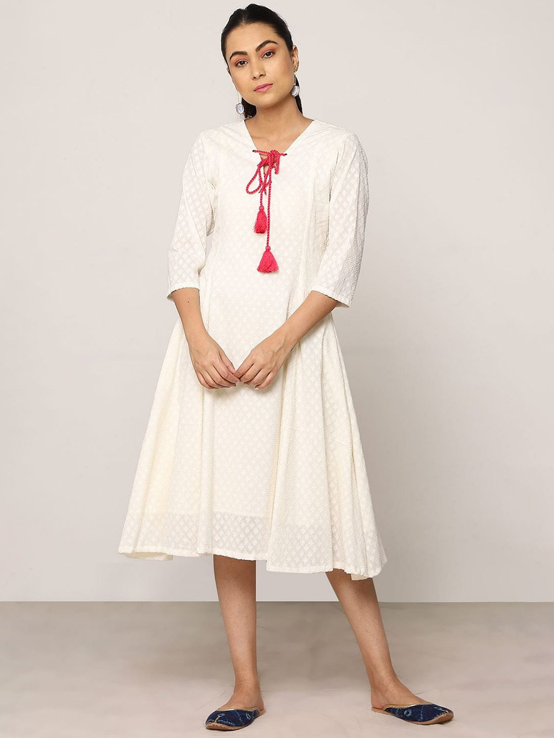 

Taggd Self Design Tie-Up Neck A-Line Dress, White