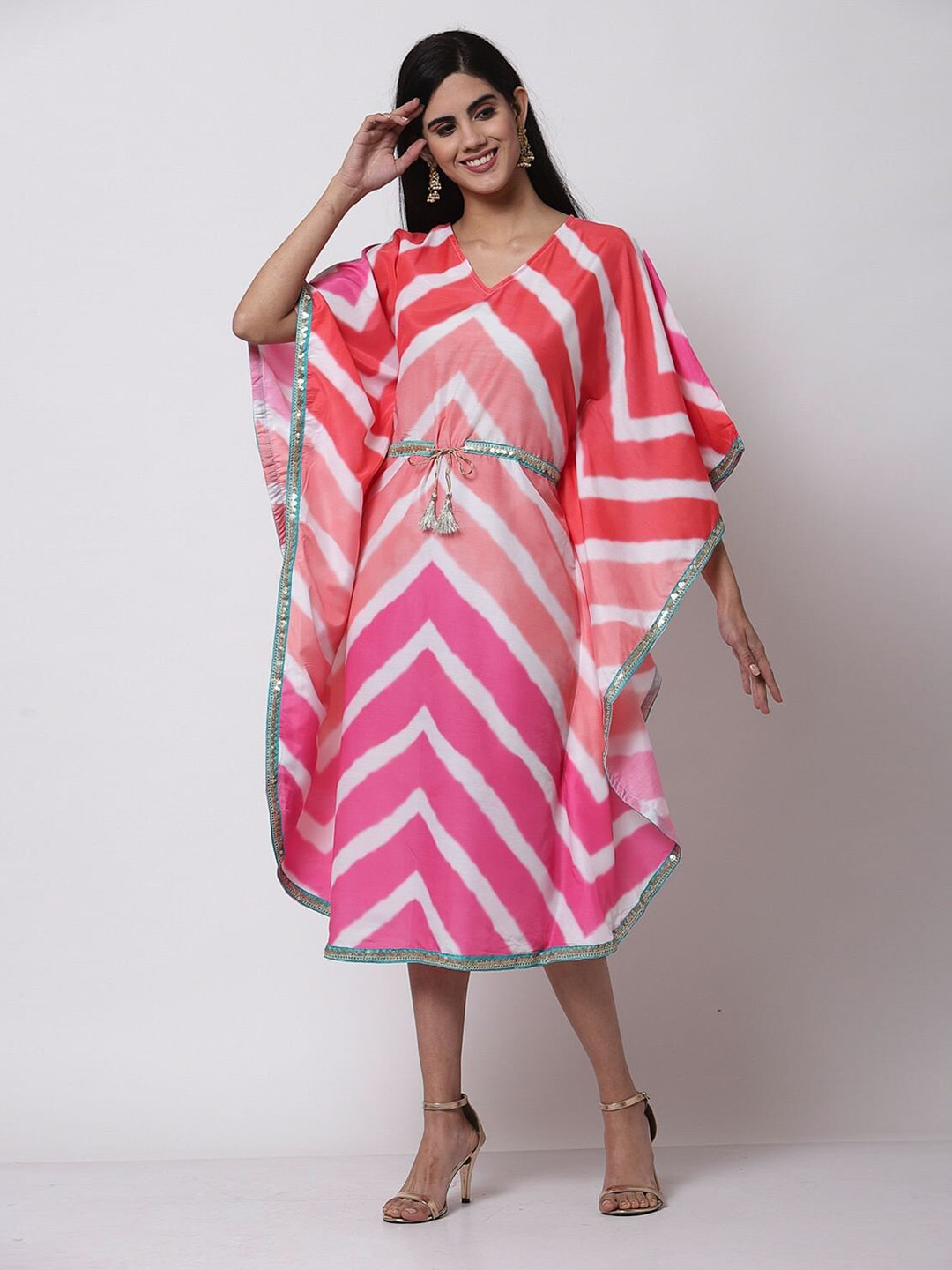 

Taggd Striped Kimono Sleeve Kaftan Midi Dress, Pink