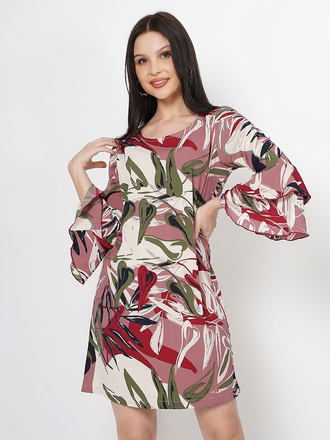 

Taggd Tropical Printed Bell Sleeve A-Line Dress, Mauve
