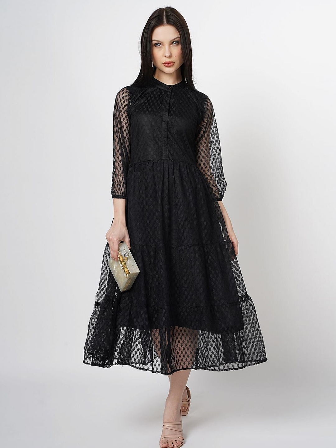 

Taggd Self Design Puff Sleeve Flounce Midi Dress, Black