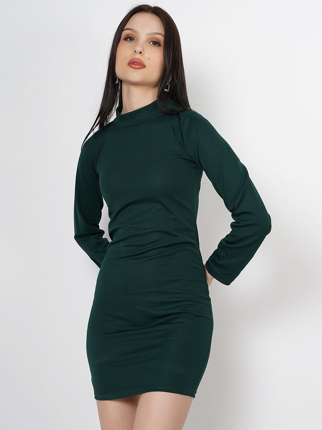 

Taggd High Neck Long Sleeves Bodycon Mini Dress, Green