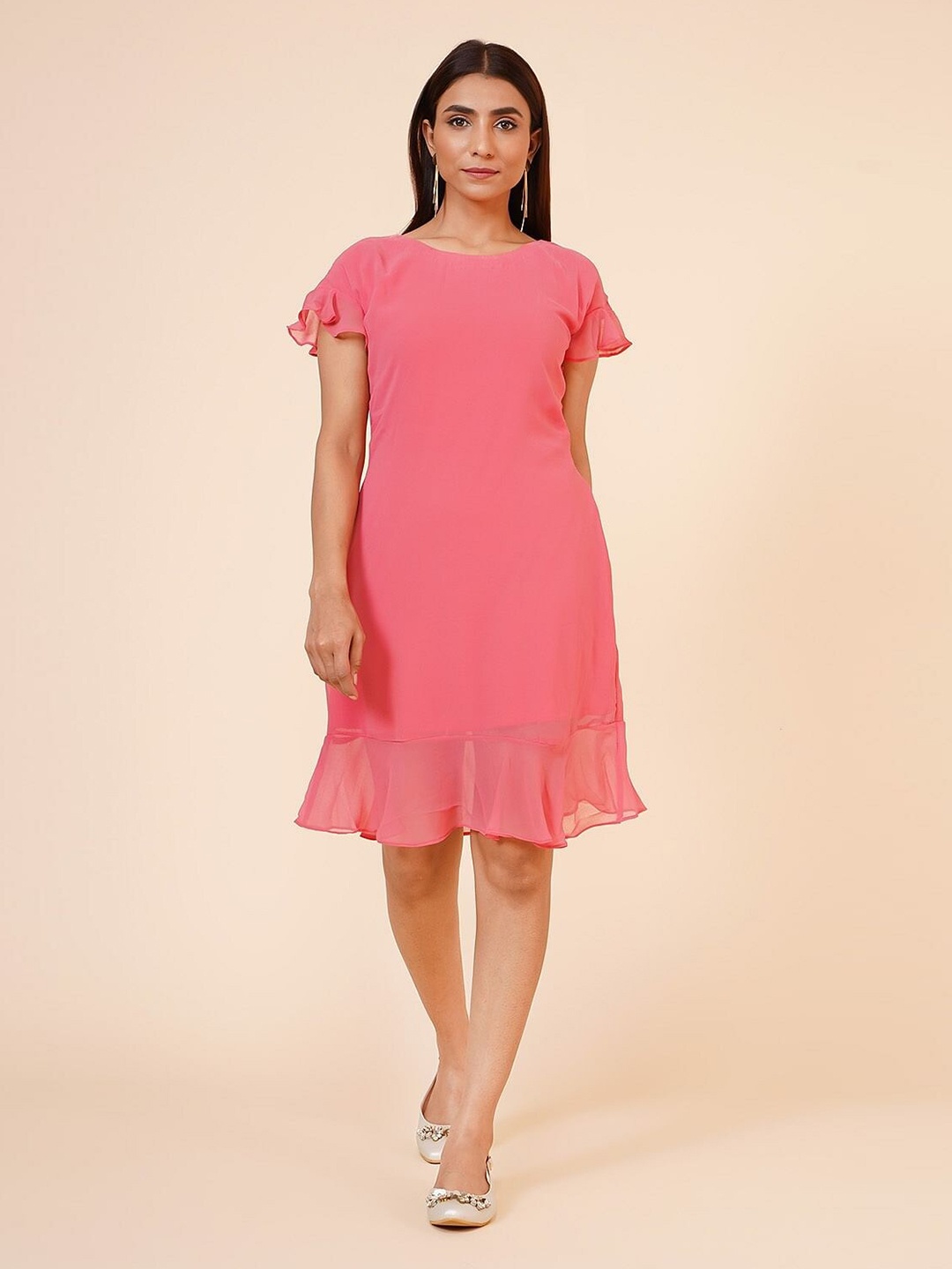 

Taggd Ruffled Georgette A-Line Dress, Pink