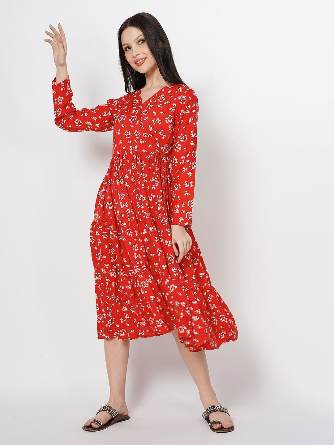 

Taggd Red Floral Printed V-Nek Midi Fit & Flare Dress