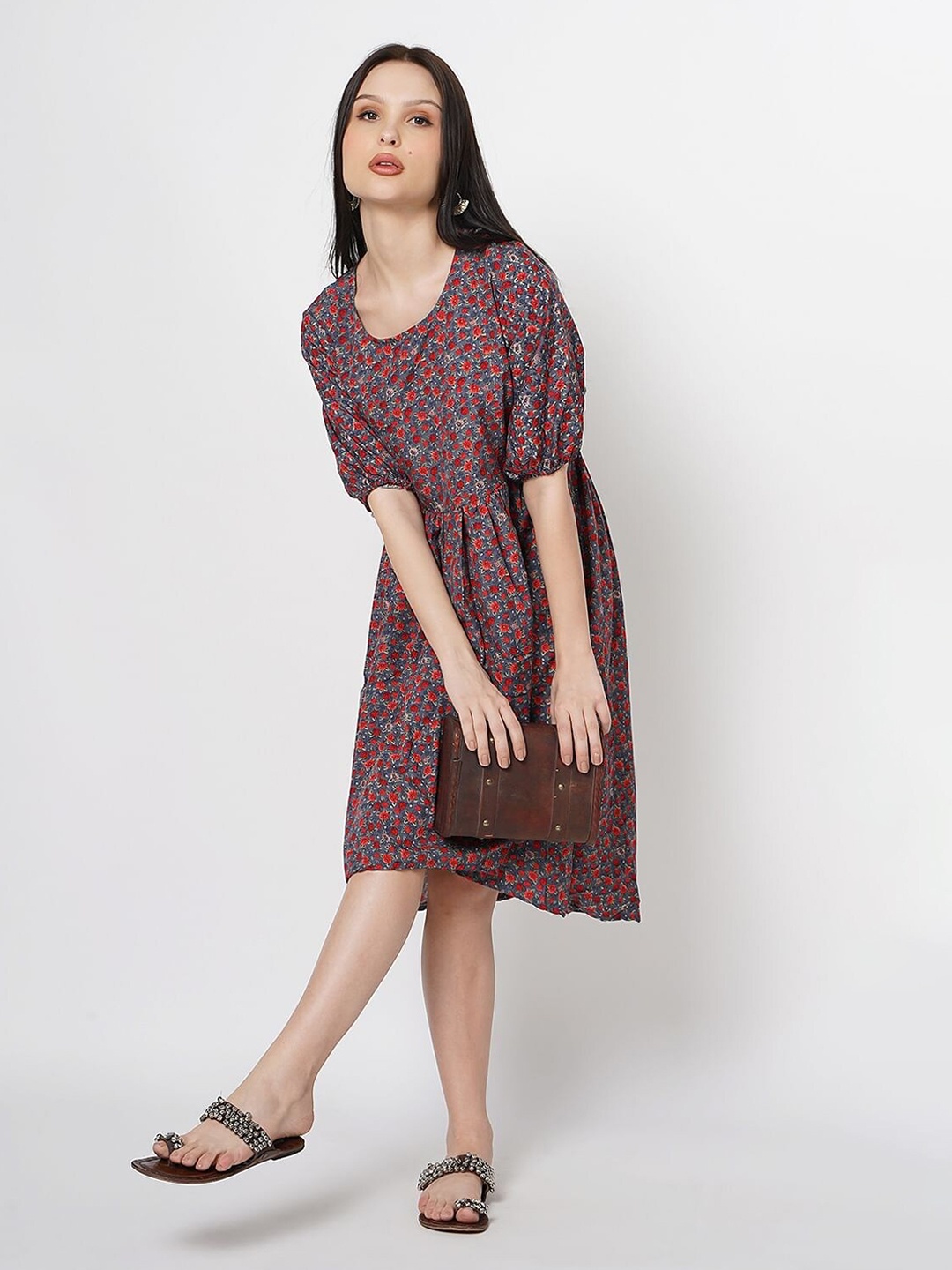 

Taggd Floral Print Puff Sleeve Crepe Fit & Flare Dress, Red