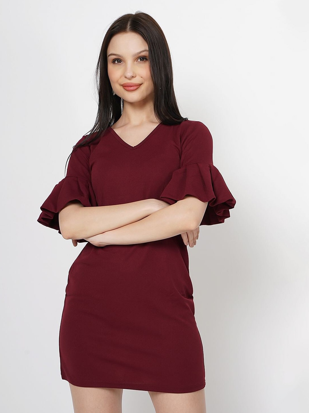 

Taggd Bell Sleeve Crepe Sheath Mini Dress, Maroon