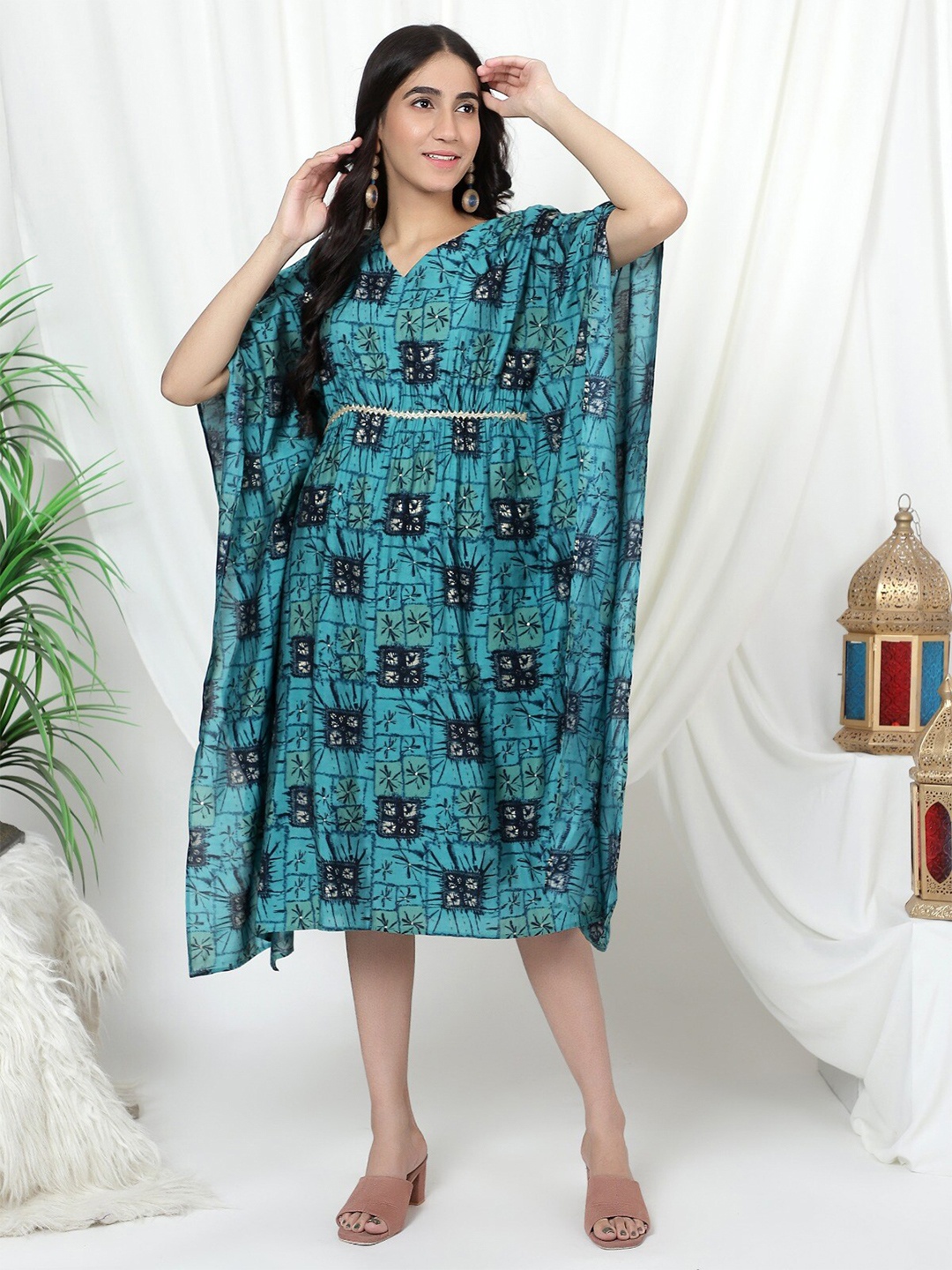 

V TRADITION Floral Printed Kimono Sleeves Cotton Kaftan Dress, Blue