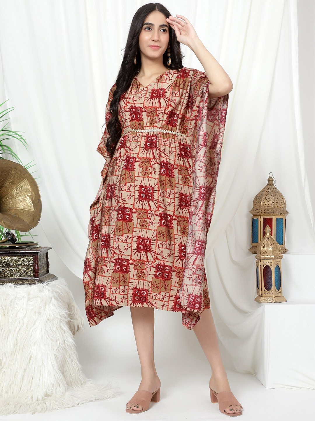 

V TRADITION Floral Printed Kimono Sleeves Cotton Kaftan Dress, Beige