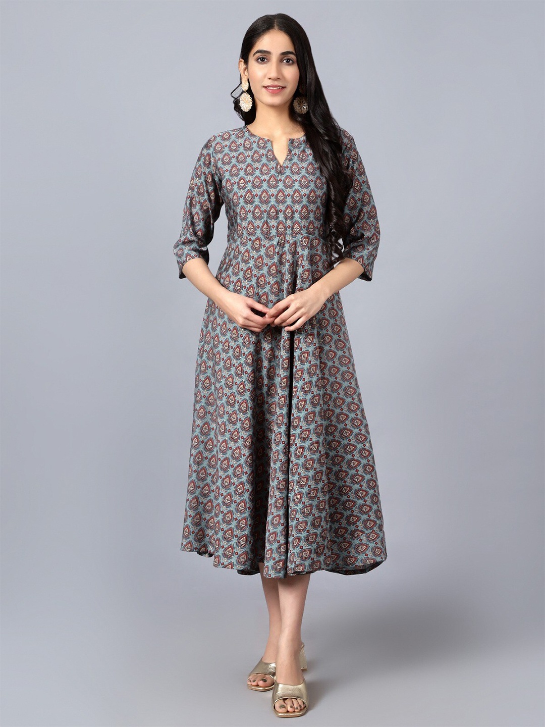 

V TRADITION Ethnic Printed Cotton A-Line Midi Dress, Blue