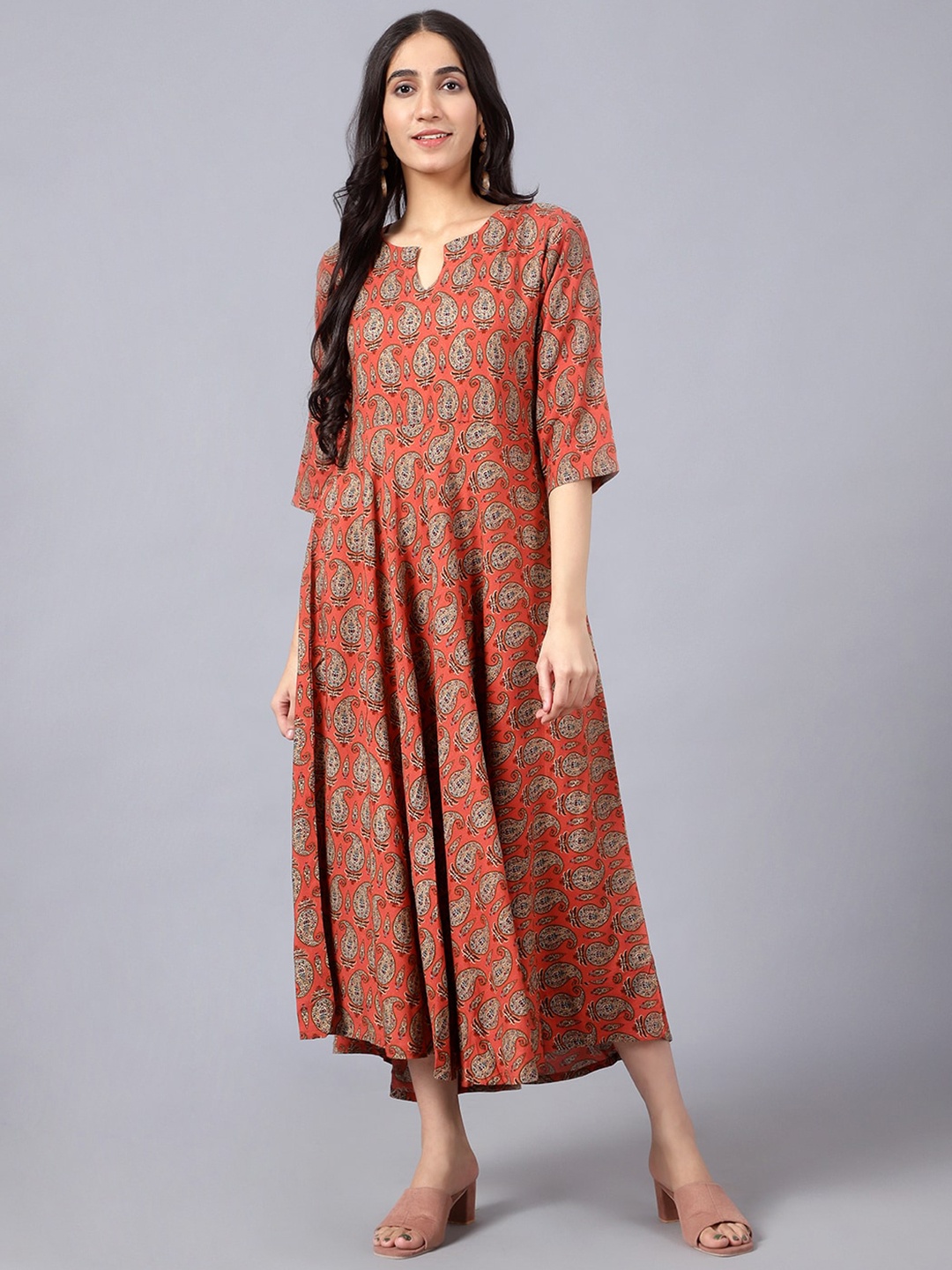 

V TRADITION Paisley Printed Cotton A-Line Midi Dress, Orange