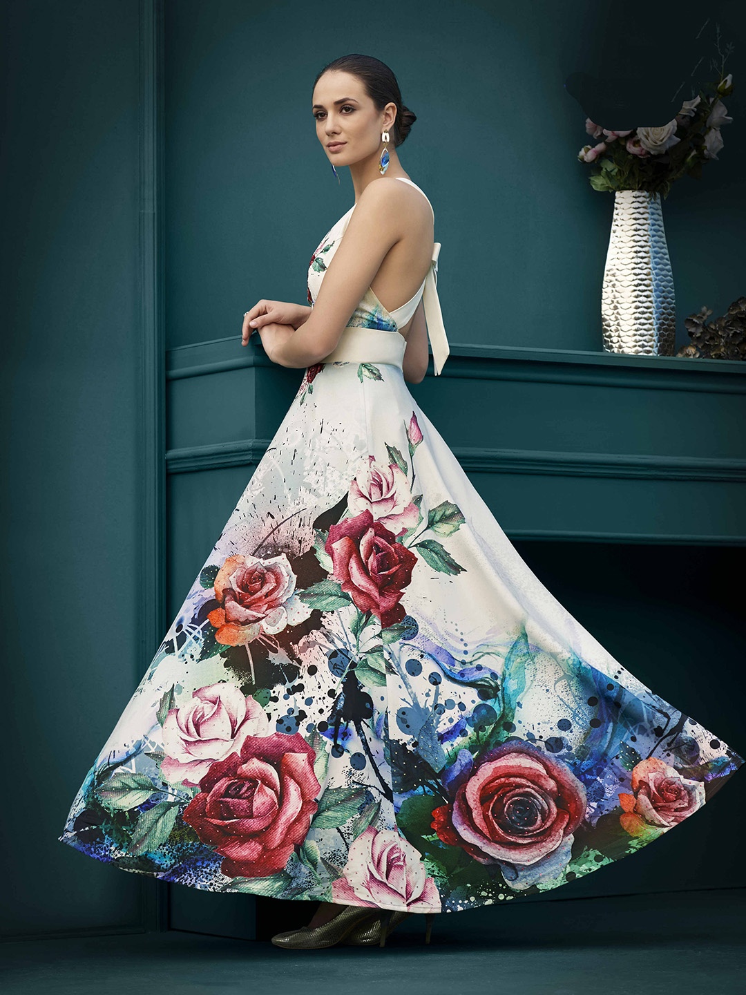 

SAPTRANGI Floral Printed Sleeveless Flared Maxi Ethnic Dresses, White