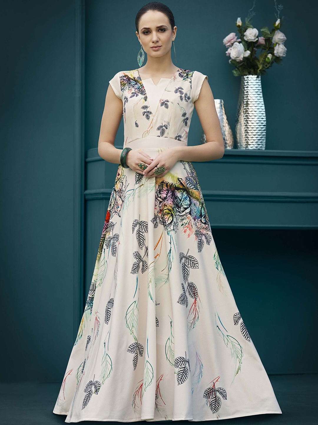 

SAPTRANGI Floral Printed Sleeveless Flared Maxi Ethnic Dresses, White