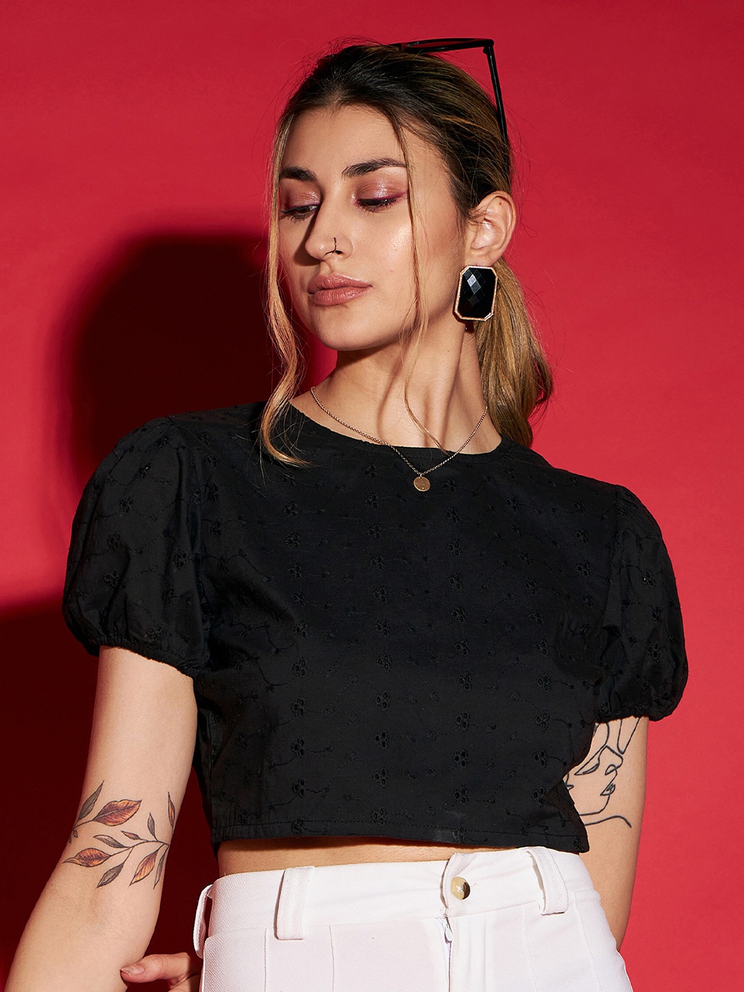 

SASSAFRAS Black Puff Sleeve Pure Cotton Schiffli Crop Top