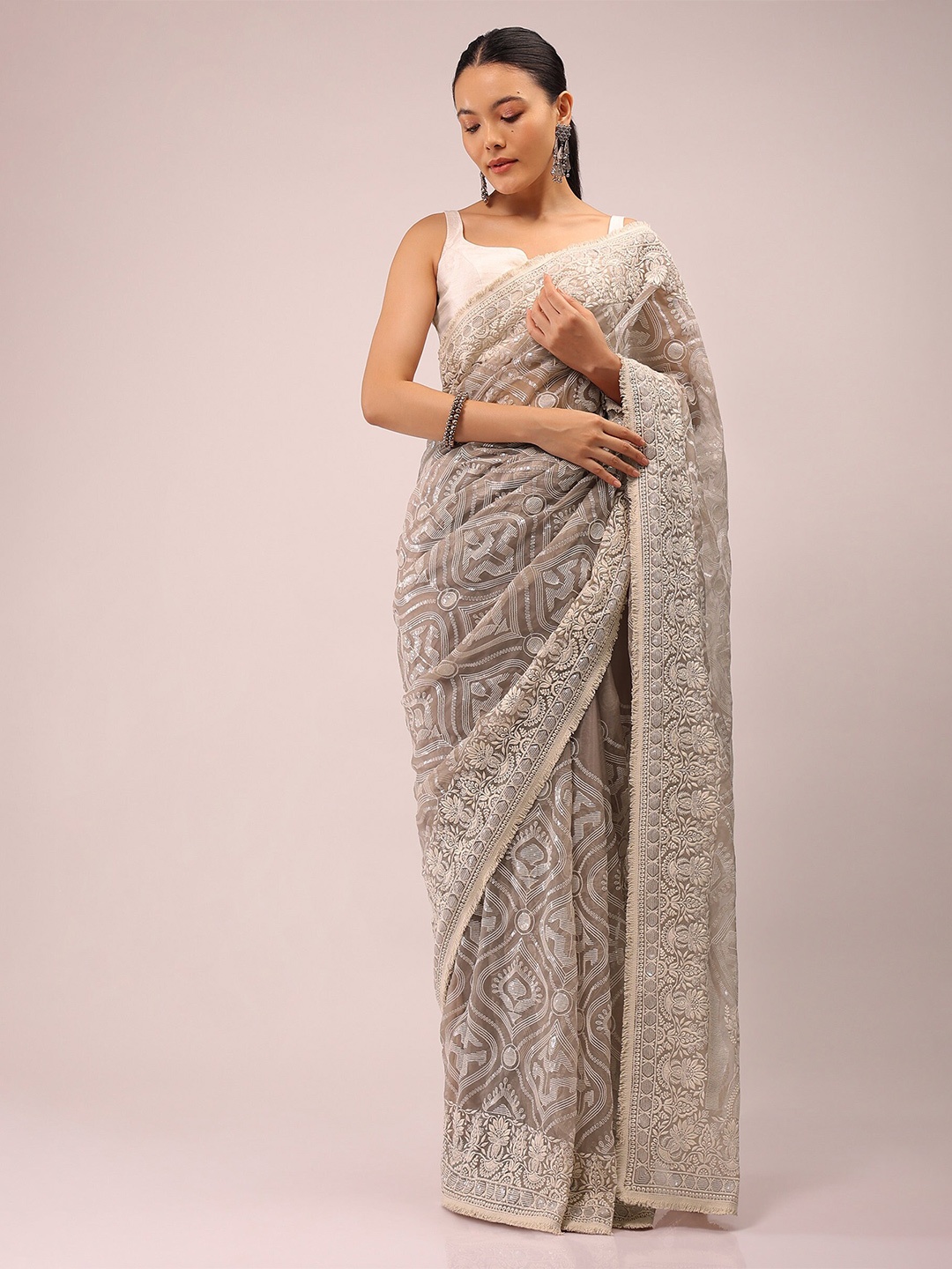 

KALKI Fashion Ethnic Motifs Lucknowi Thread Work Embroidered Saree, Brown