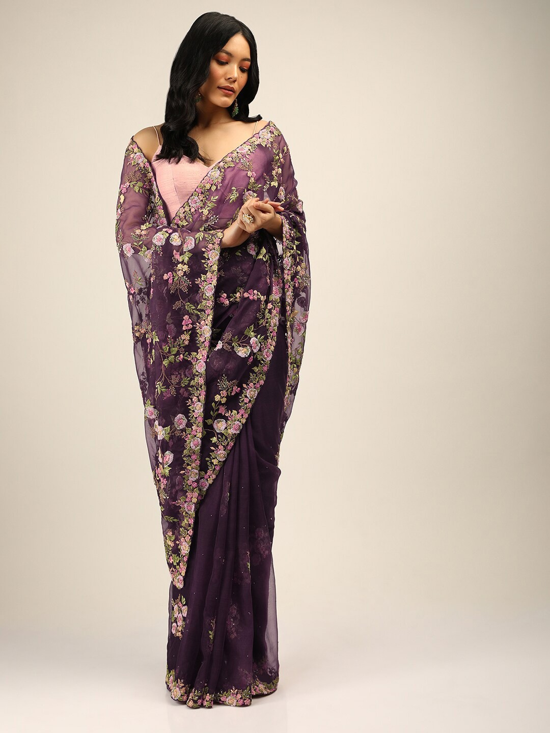 

KALKI Fashion Floral Embroidered Organza Saree, Purple