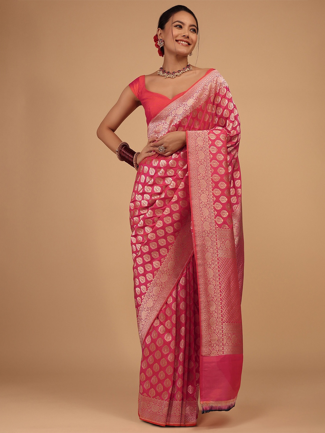 

KALKI Fashion Ethnic Motif Woven Design Zari Banarasi Saree, Pink