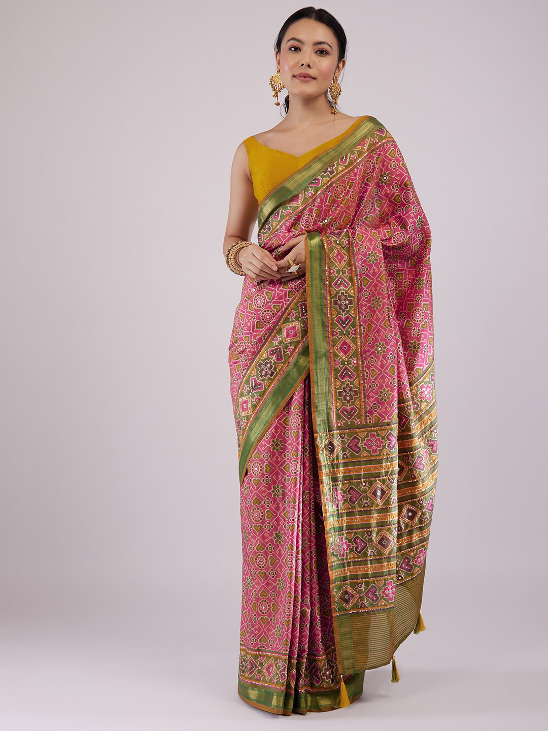 

KALKI Fashion Embellished Embroidered Patola Saree, Green