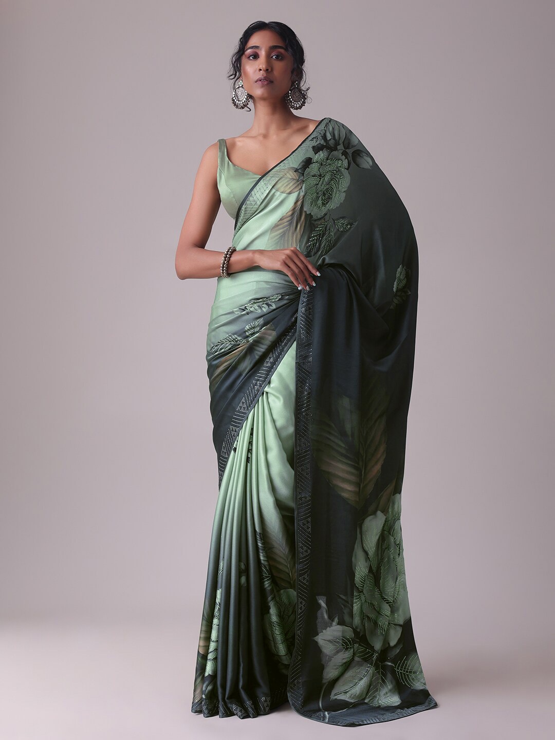 

KALKI Fashion Floral Printed Embellished Satin Saree, Green