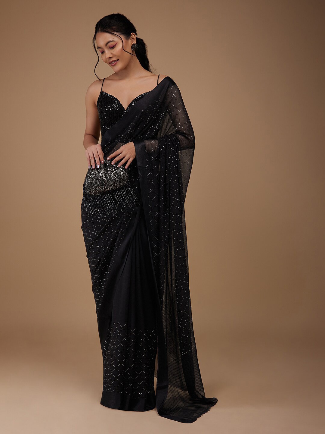 

KALKI Fashion Embellished Beads and Stones Pure Chiffon Saree, Black
