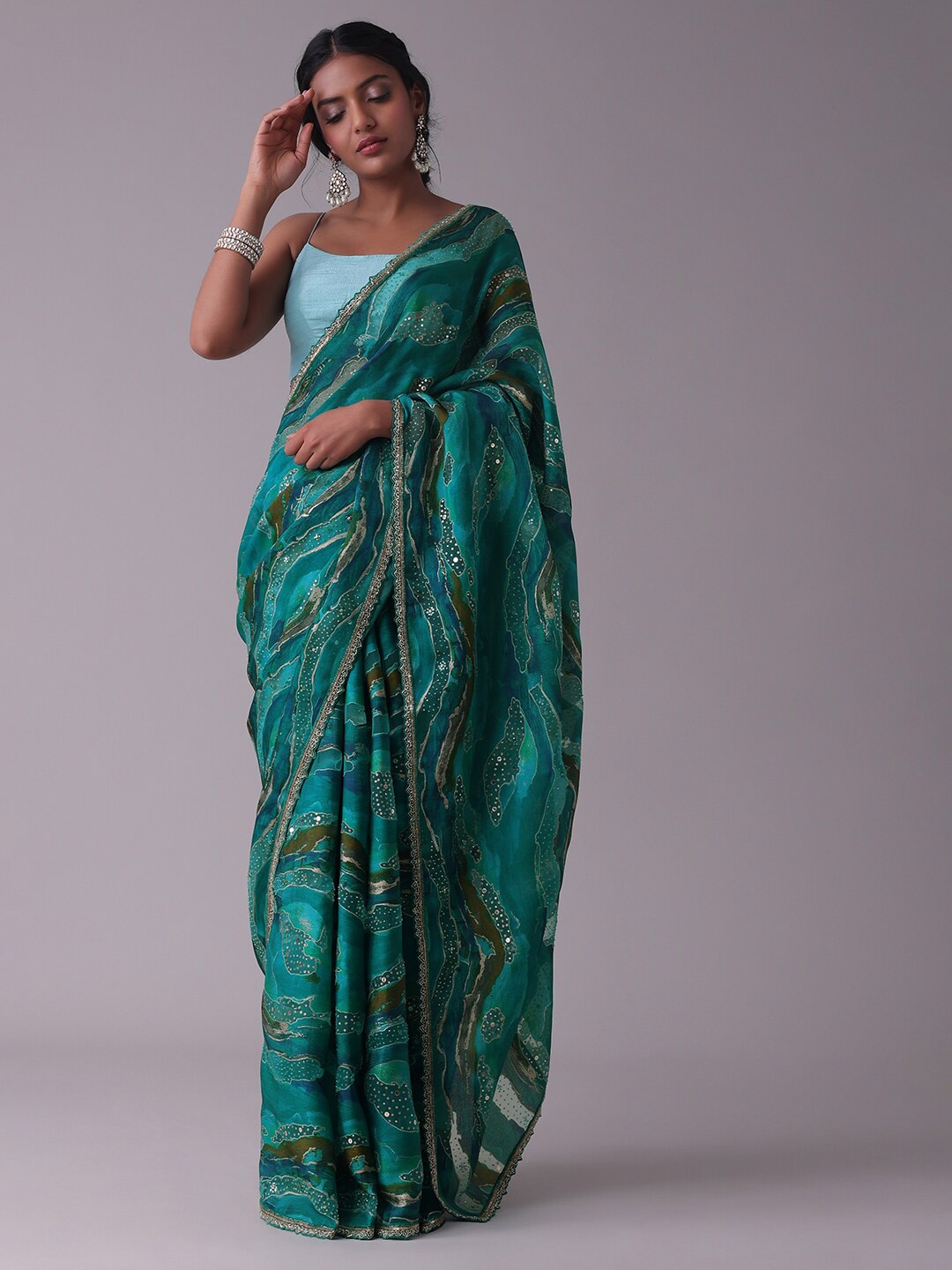 

KALKI Fashion Embellished Sequinned Pure Crepe Saree, Green