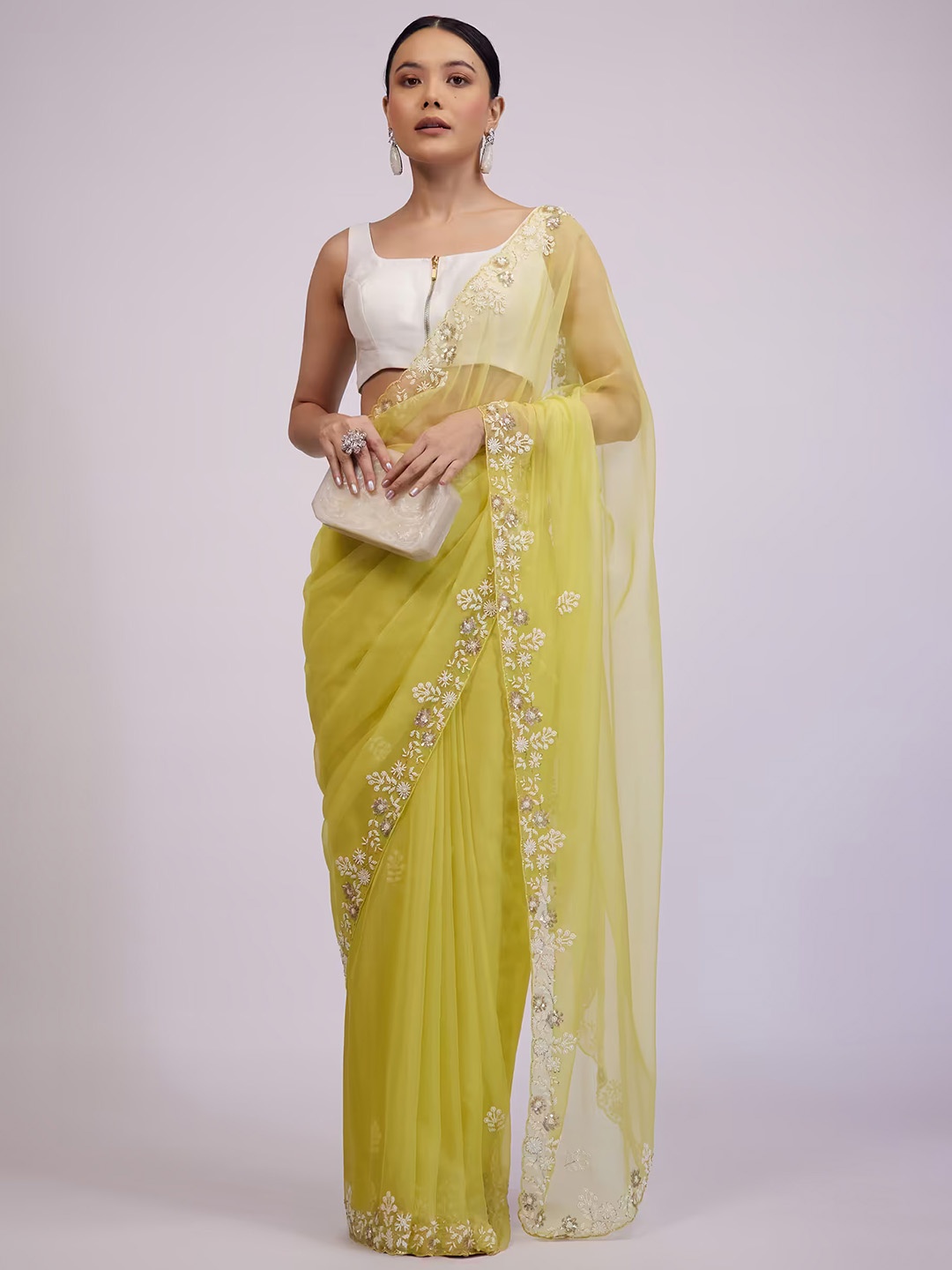 

KALKI Fashion Embellished Beads and Stones Organza Saree, Yellow
