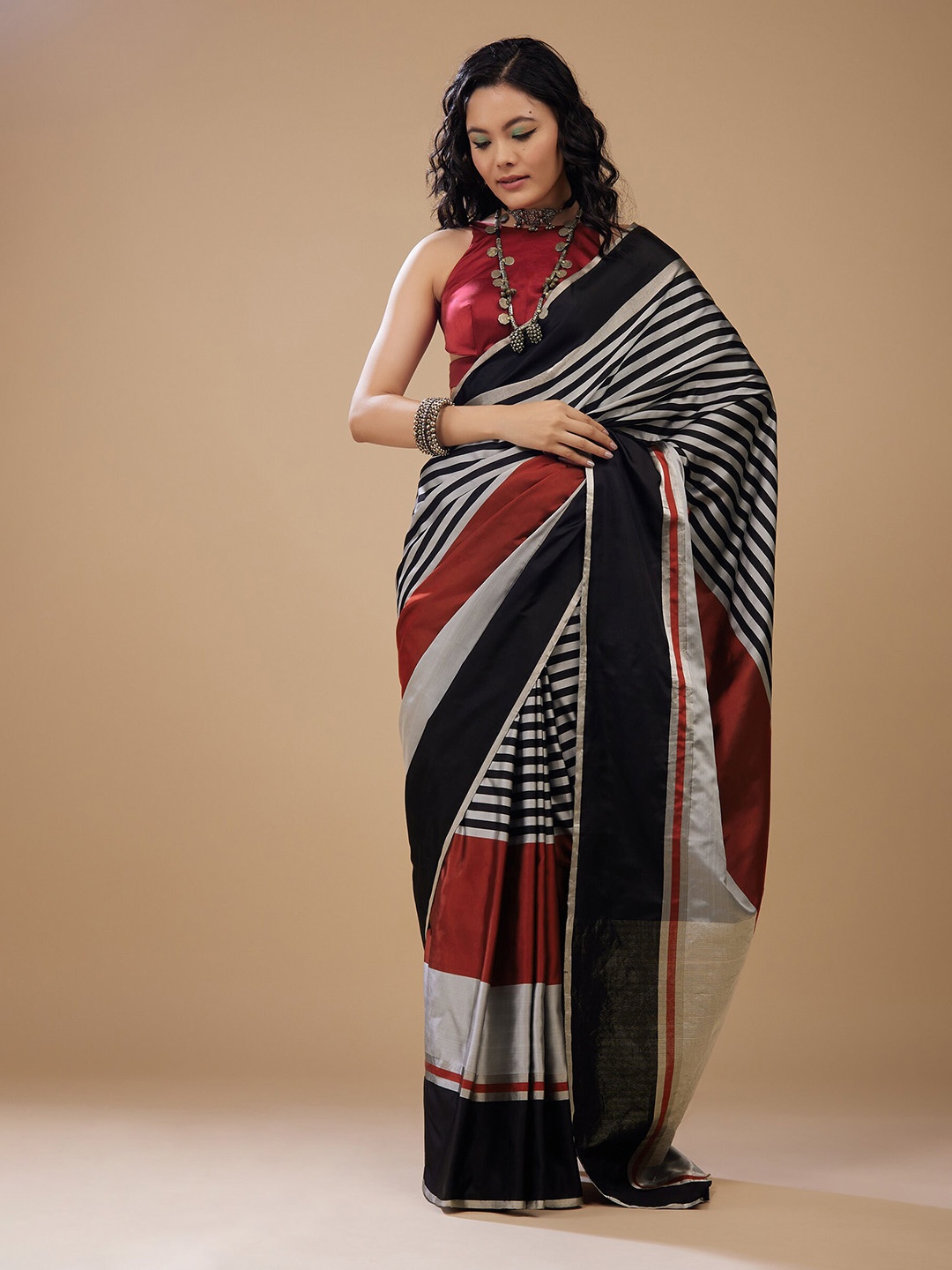 

KALKI Fashion Striped Satin Saree, Black