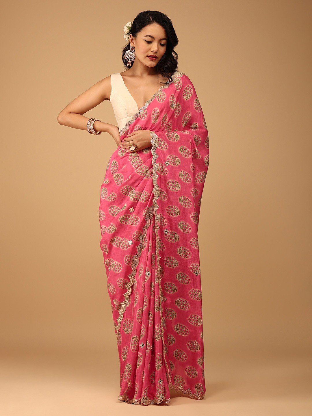 

KALKI Fashion Floral Printed Mirror Worked Saree, Pink