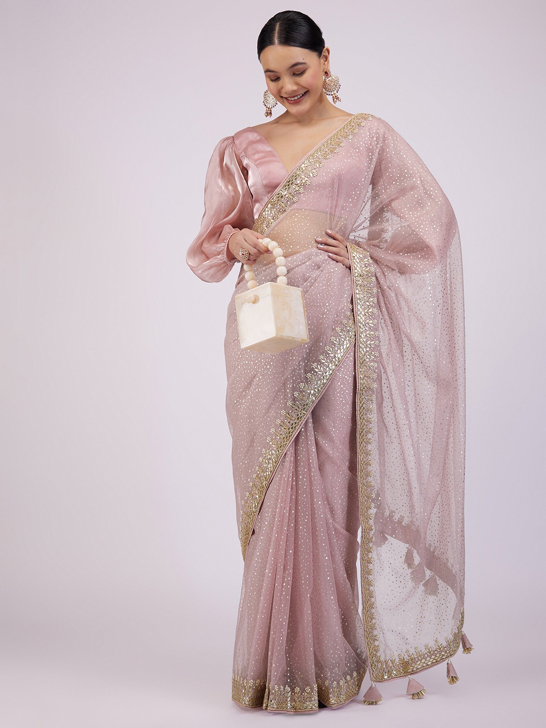 

KALKI Fashion Polka Dot Printed Embellished Organza Saree, Pink