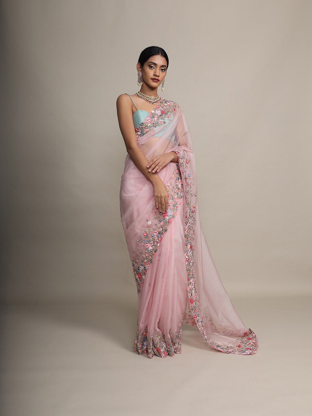 

KALKI Fashion Floral Embroidered Embellished Saree, Pink