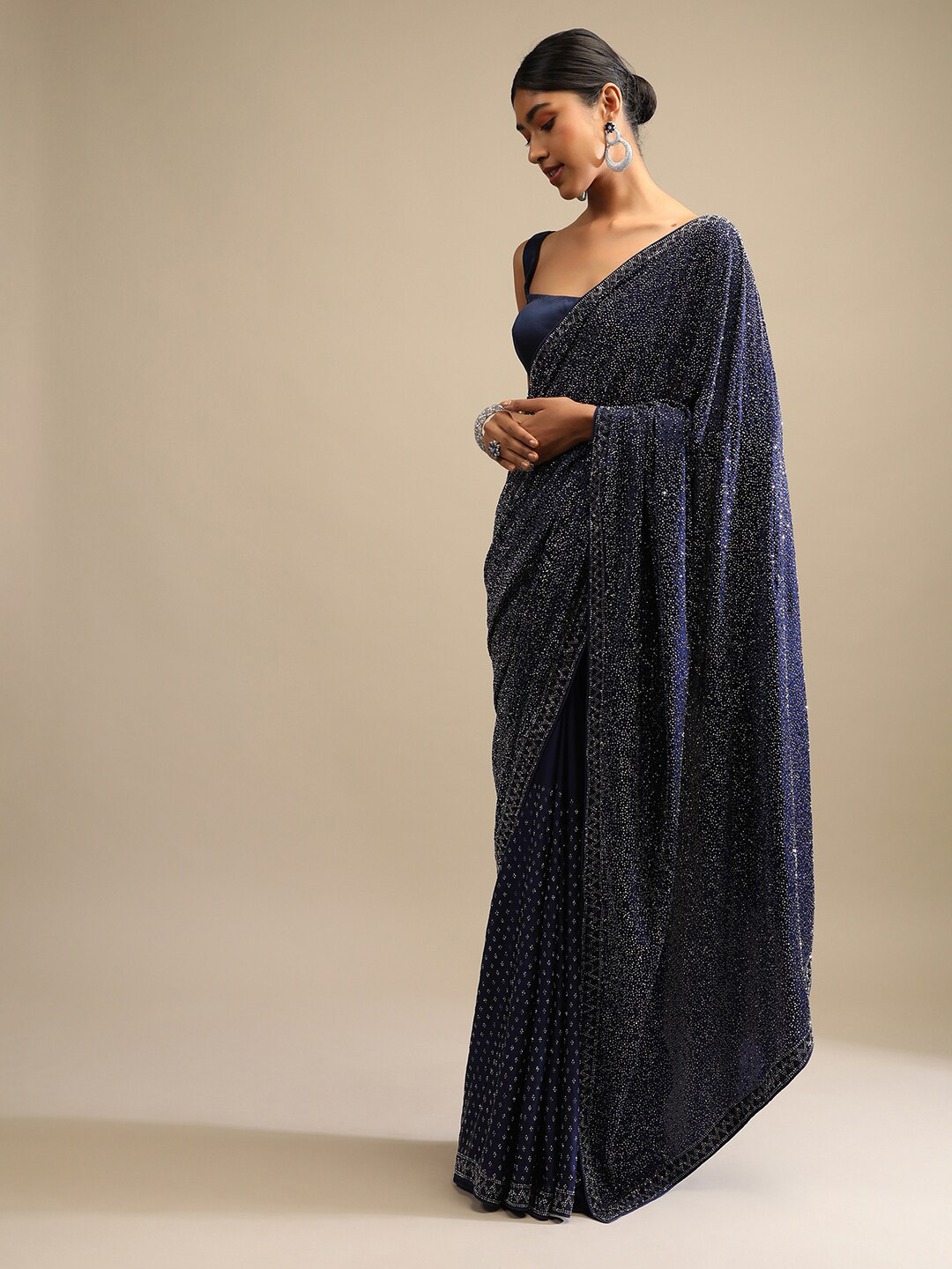 

KALKI Fashion Embellished Beads and Stones Satin Saree, Blue