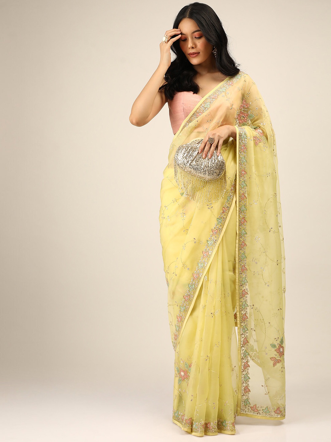 

KALKI Fashion Embellished Beads and Stones Saree, Yellow