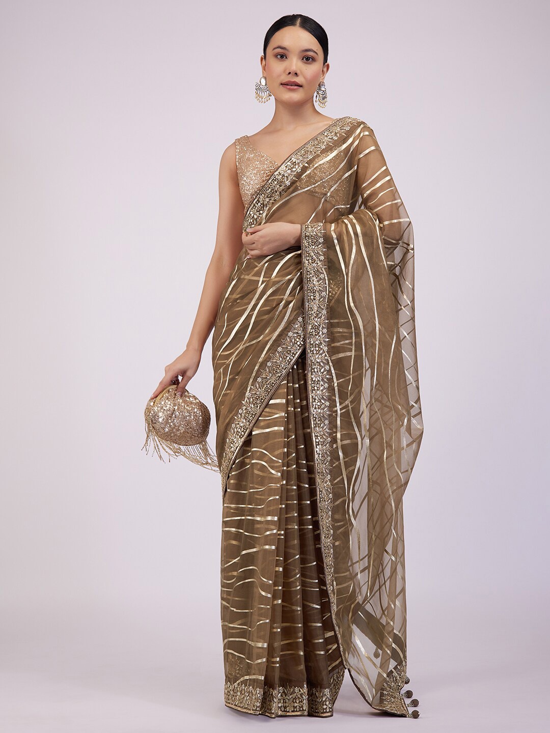 

KALKI Fashion Abstract Printed Gotta Patti Organza Saree, Brown