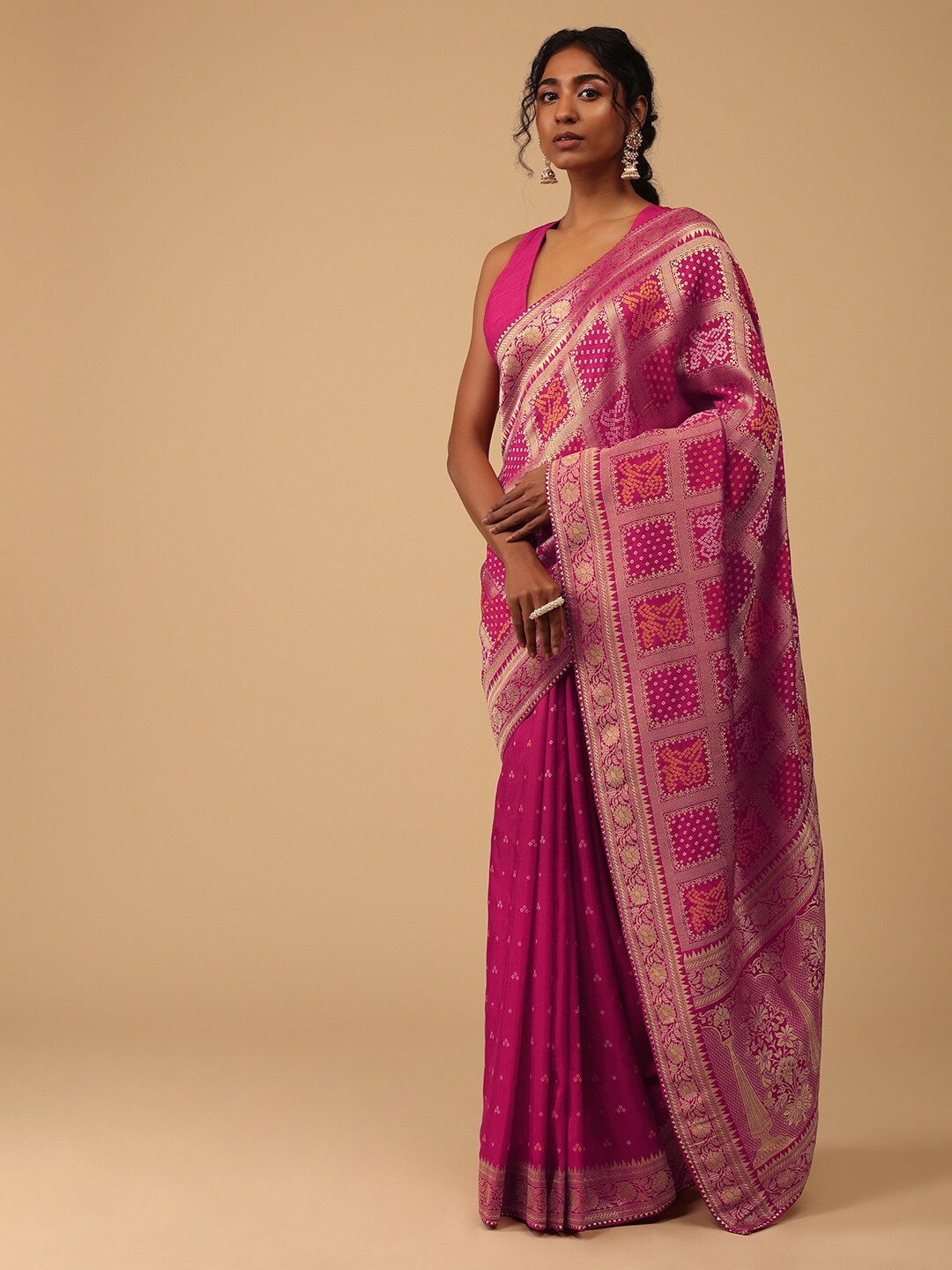 

KALKI Fashion Bandhani Printed Zari Saree, Pink