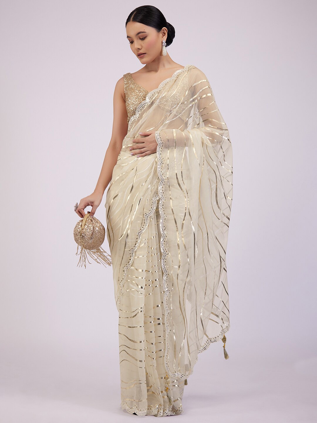 

KALKI Fashion Abstract Printed Mirror Work Organza Saree, White