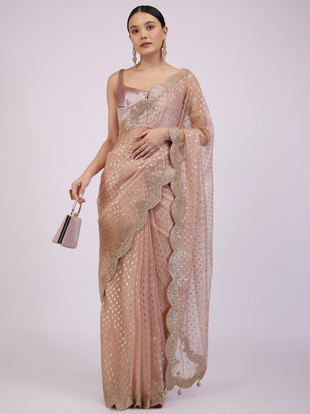 

KALKI Fashion Ethnic Motif Printed Sequined Organza Saree, Peach