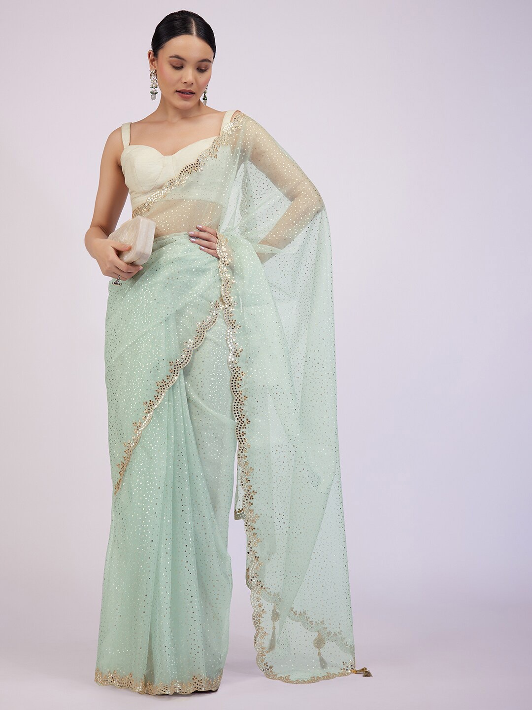 

KALKI Fashion Polka Dot Foil Printed Gotta Patti Organza Saree, Green