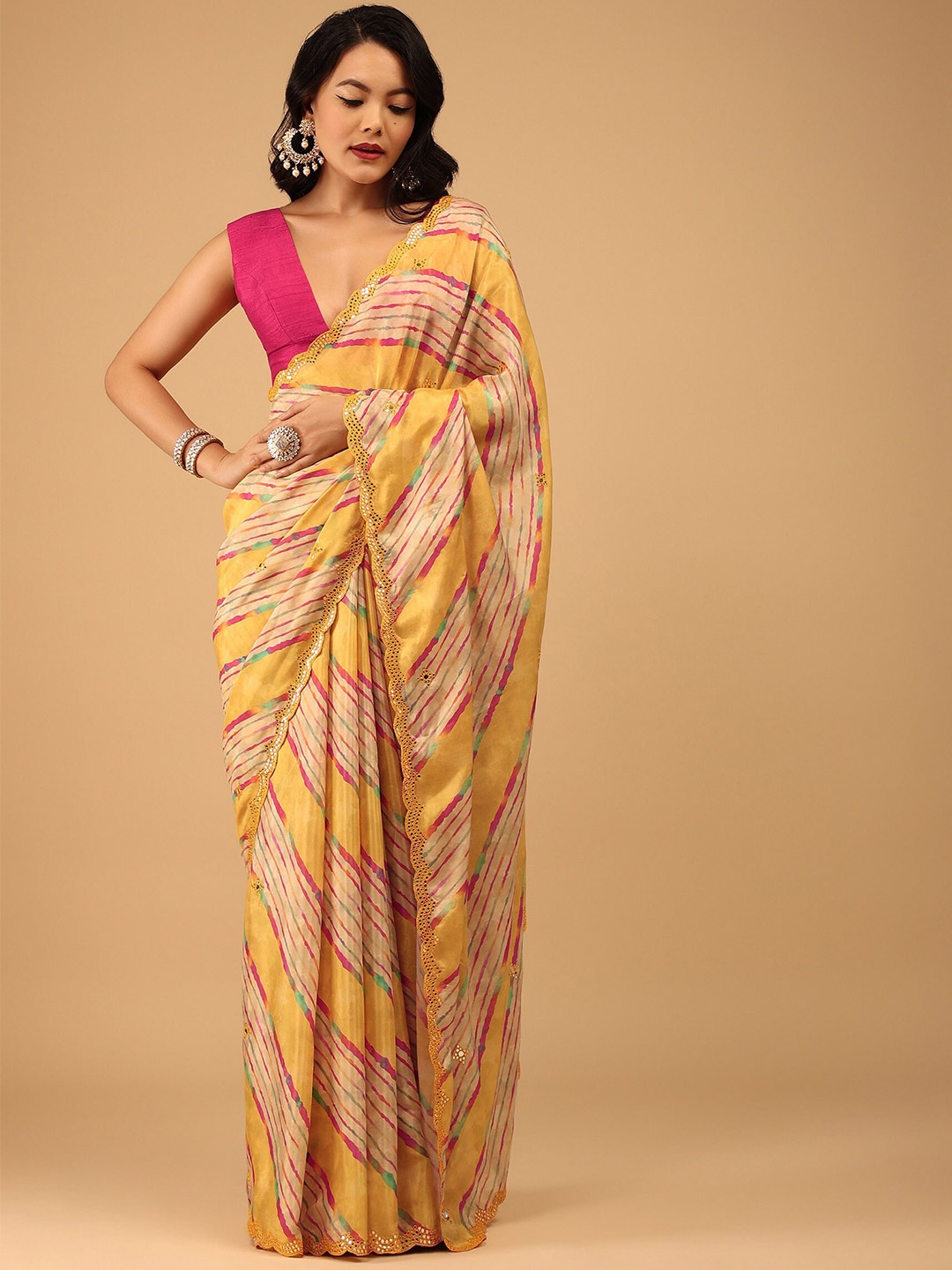 

KALKI Fashion Striped Mirror Work Saree, Yellow