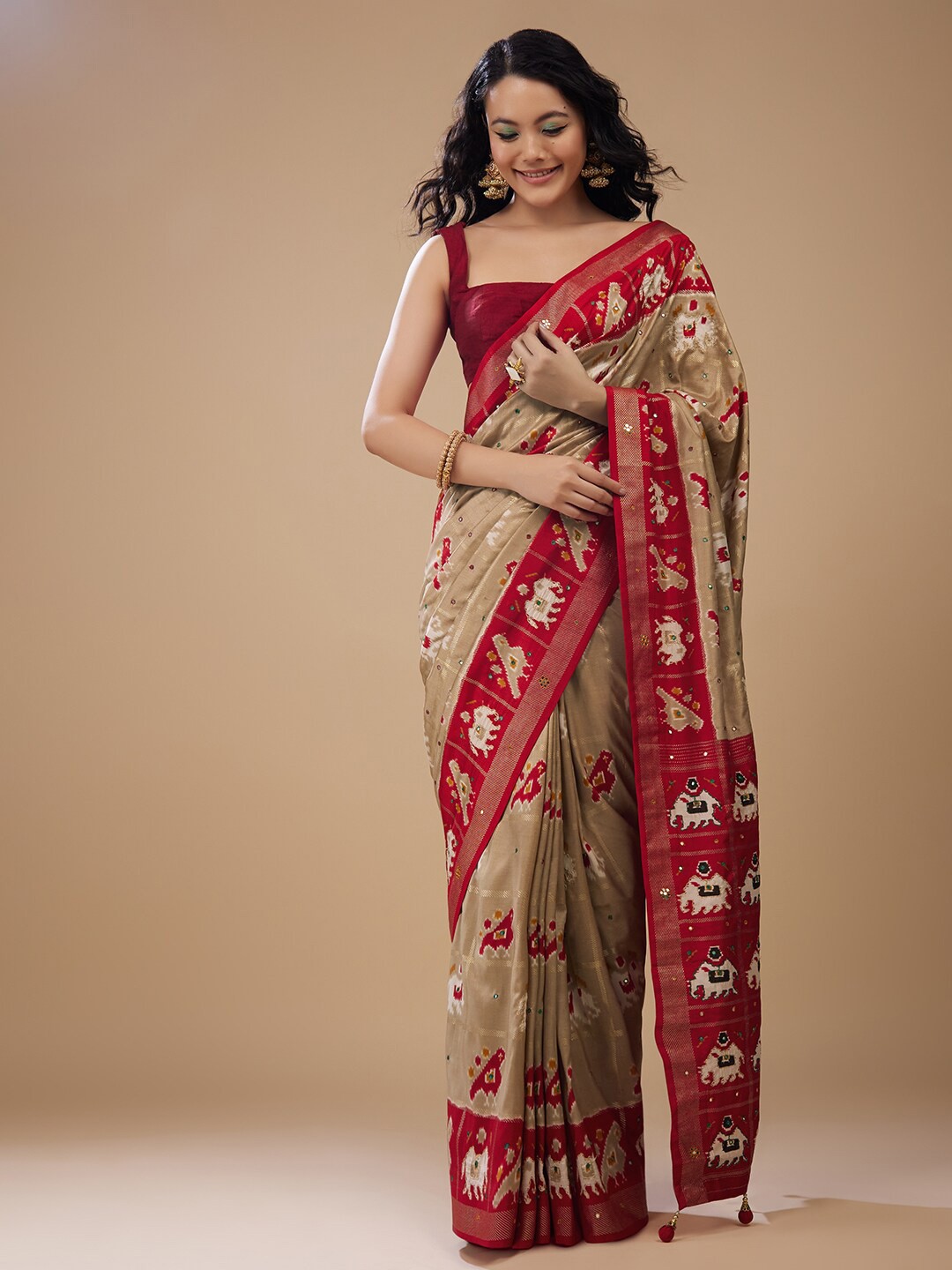 

KALKI Fashion Ethnic Motif Printed Mirror Worked Satin Saree, Beige