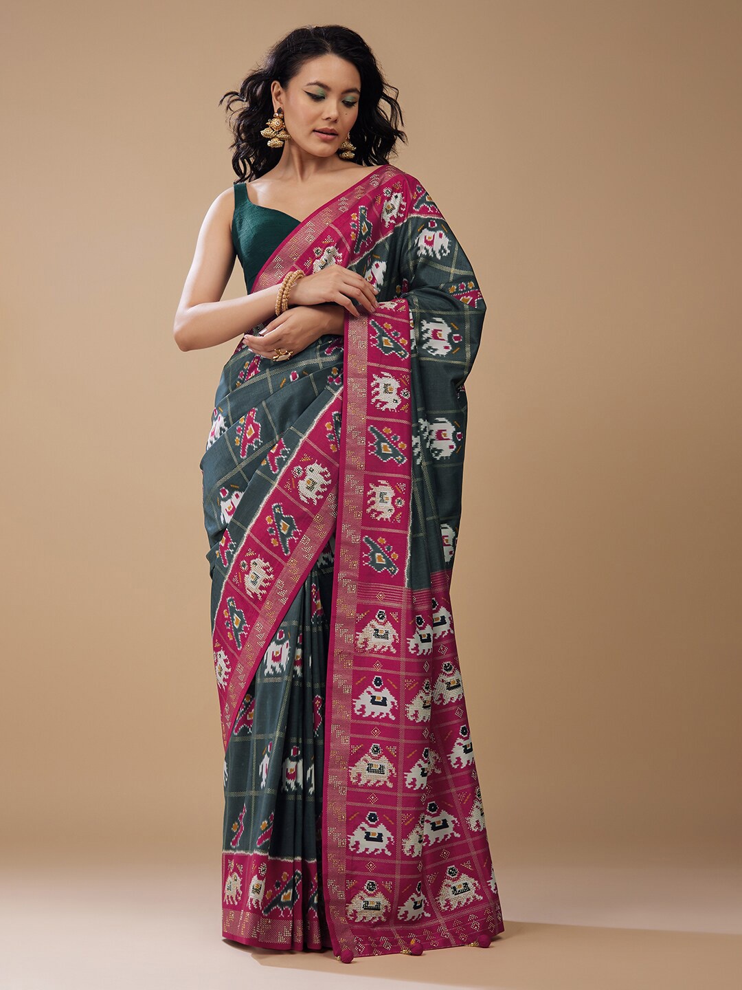 

KALKI Fashion Ethnic Motif Printed Mirror Worked Satin Saree, Grey