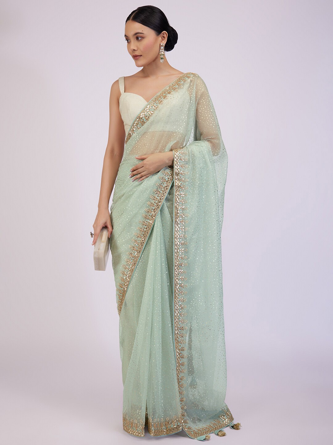 

KALKI Fashion Polka Dot Printed Embroidered Organza Saree, Green