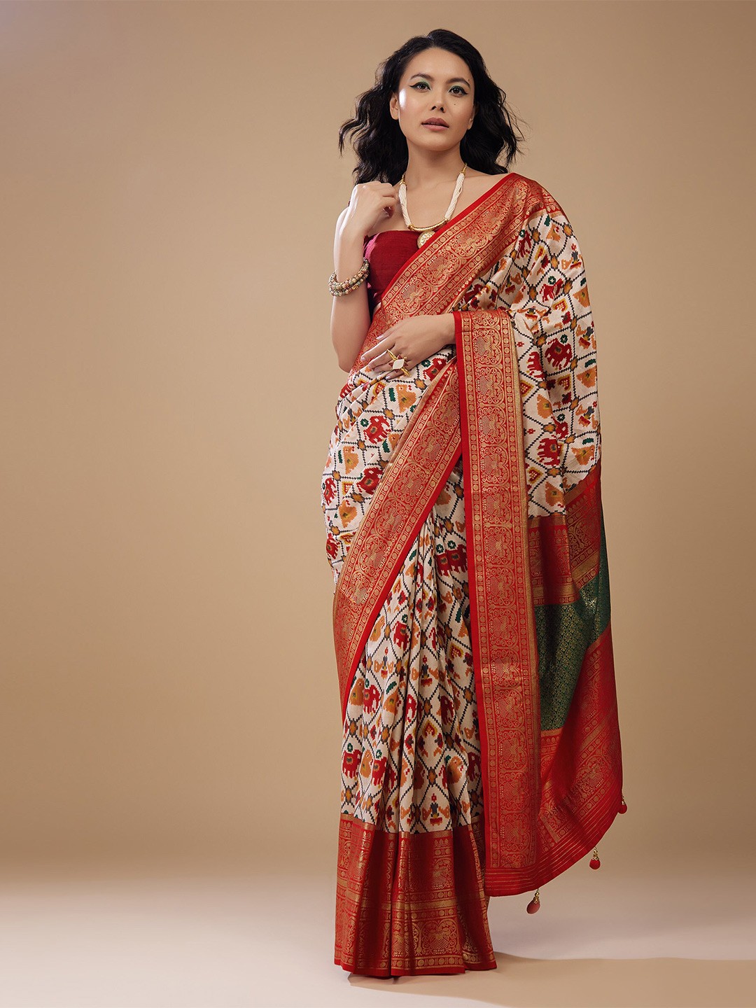 

KALKI Fashion Ethnic Motif Printed Zari Satin Saree, Red