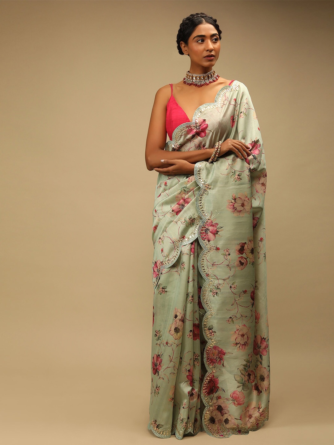 

KALKI Fashion Floral Mirror Work Saree, Green