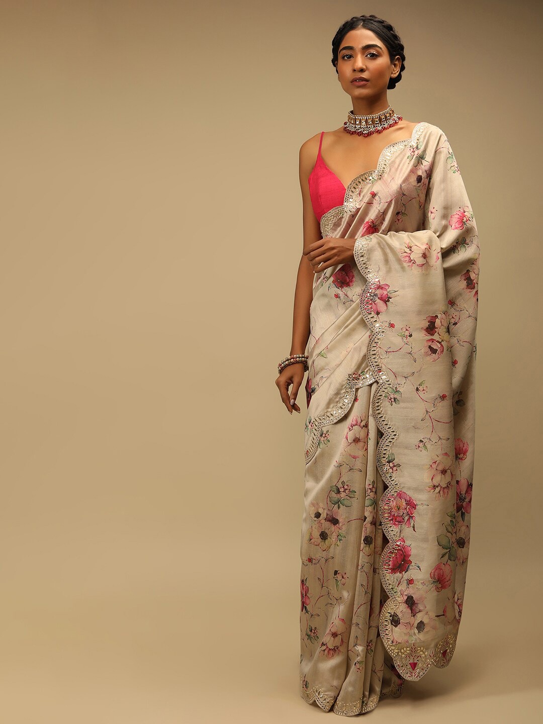 

KALKI Fashion Floral Printed Mirror Work Saree, Beige