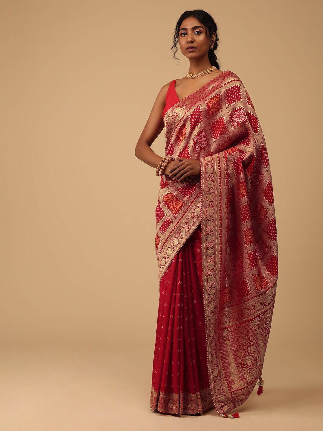 

KALKI Fashion Bandhani Woven Design Zari Saree, Red