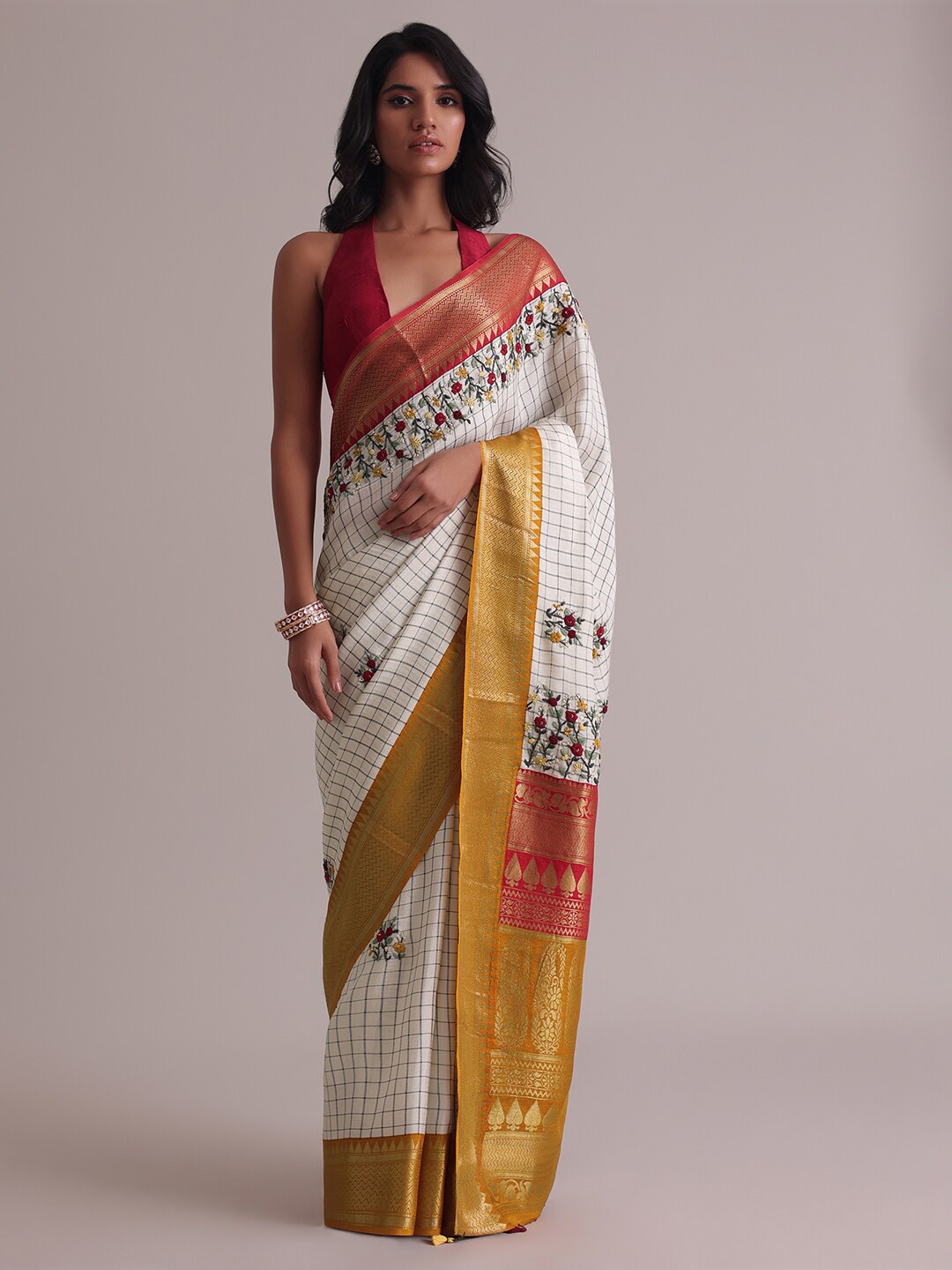 

KALKI Fashion Floral Embroidered Zari Pure Linen Saree, White