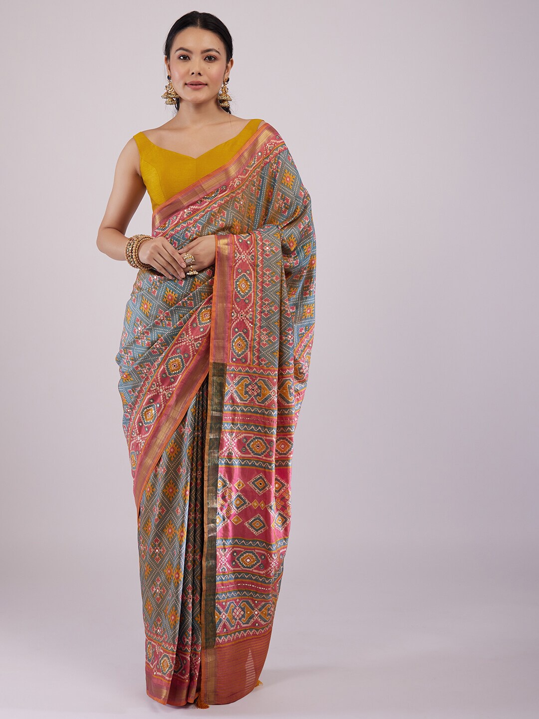 

KALKI Fashion Ethnic Motifs Printed Zari Patola Saree, Grey